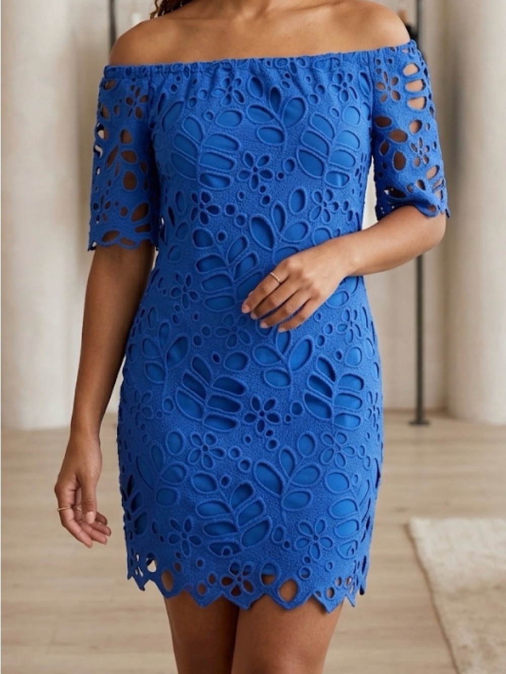 Pretty Garden Off-Shoulder Blue Lace Mini Dress Size M